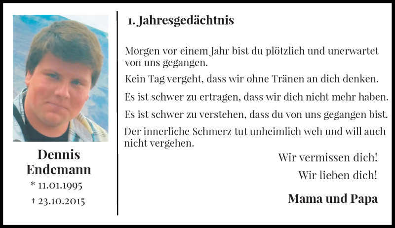  Traueranzeige für Dennis Endemann vom 22.10.2016 aus Rheinische Post