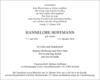 Traueranzeige von Hannelore Hoffmann von Rheinische Post