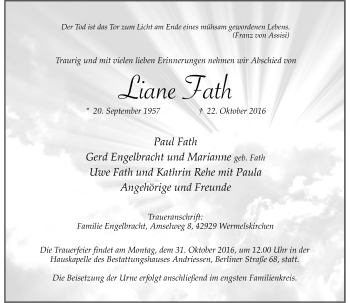 Traueranzeige von Liane Fath von Rheinische Post