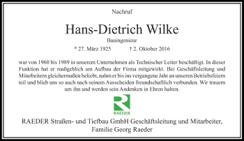Traueranzeige von Hans-Dietrich Wilke von Rheinische Post