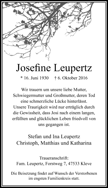 Traueranzeige von Josefine Leupertz von Rheinische Post