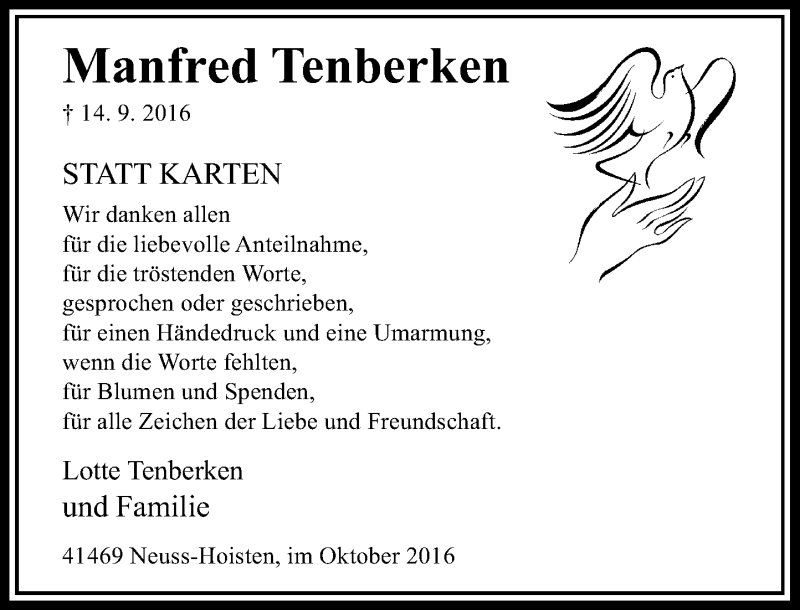  Traueranzeige für Manfred Tenberken vom 26.10.2016 aus Rheinische Post