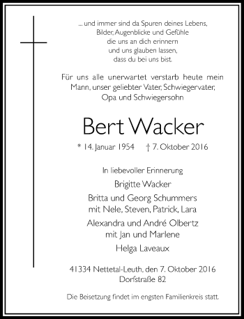 Traueranzeige von Bert Wacker von Rheinische Post