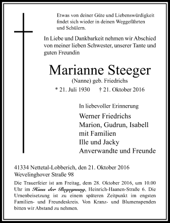 Traueranzeige von Marianne Steeger von Rheinische Post