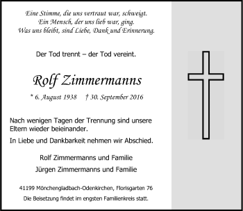 Traueranzeige von Rolf Zimmermanns von Rheinische Post