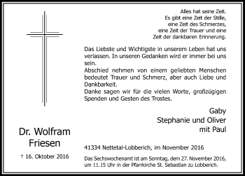 Traueranzeige von Wolfram Friesen von Rheinische Post