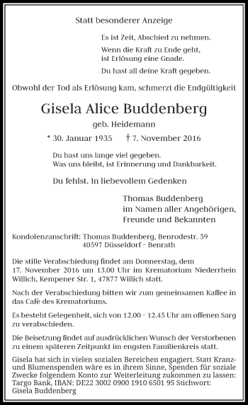 Traueranzeige von Gisela Alice Buddenberg von Rheinische Post