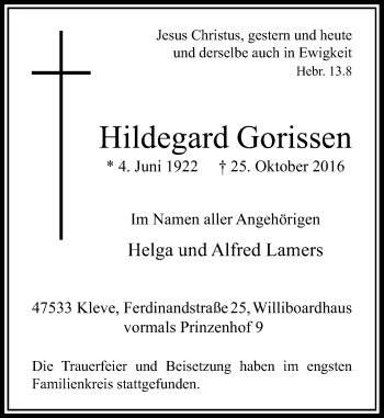 Traueranzeige von Hildegard Gorissen von Rheinische Post