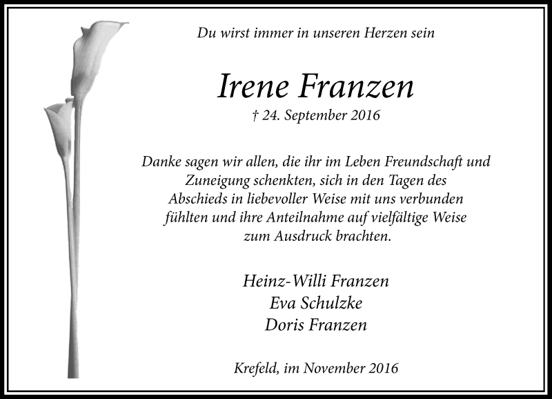  Traueranzeige für Irene Franzen vom 19.11.2016 aus Rheinische Post
