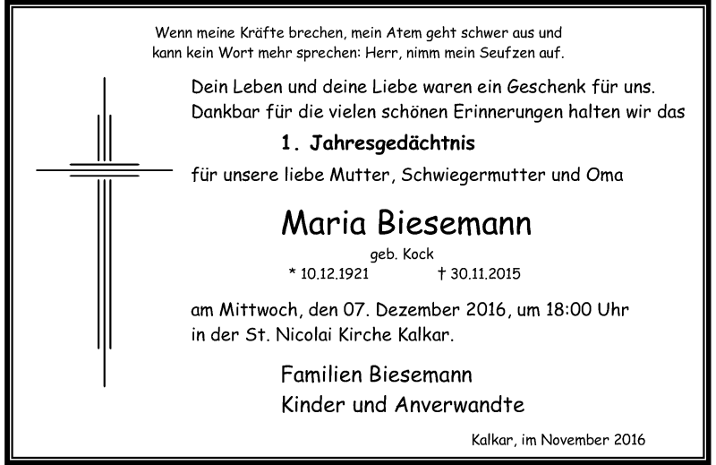  Traueranzeige für Maria Biesemann vom 30.11.2016 aus Rheinische Post