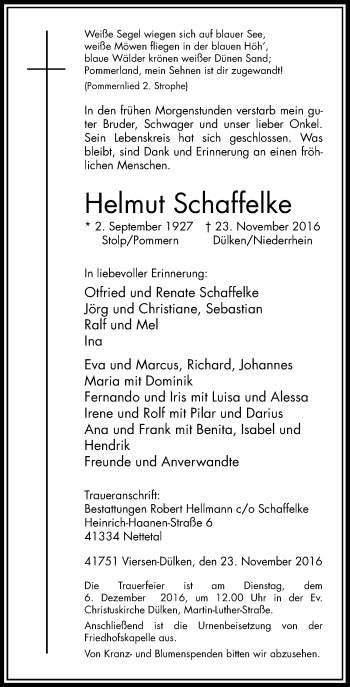 Traueranzeige von Helmut Schaffelke von Rheinische Post