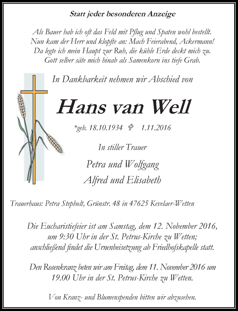  Traueranzeige für Hans van Well vom 09.11.2016 aus Rheinische Post
