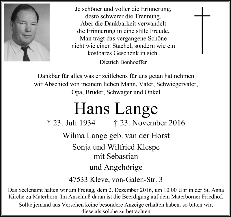  Traueranzeige für Hans Lange vom 29.11.2016 aus Rheinische Post