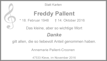 Traueranzeige von Freddy Pallent von Rheinische Post