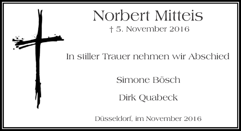 Traueranzeige für Norbert Mitteis vom 12.11.2016 aus Rheinische Post