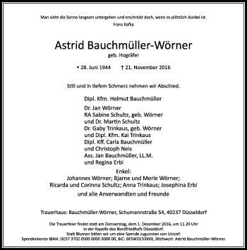 Traueranzeige von Astrid Bauchmüller-Wörner von Rheinische Post