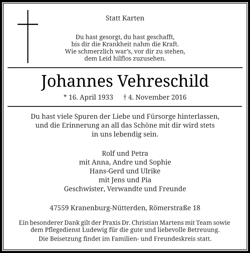  Traueranzeige für Johannes Vehreschild vom 07.11.2016 aus Rheinische Post