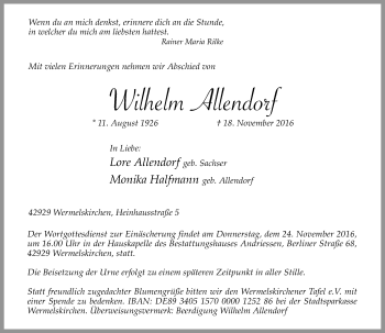 Traueranzeige von Wilhelm Allendef von Rheinische Post