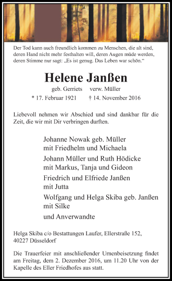 Traueranzeige von Helene Janßen von Rheinische Post