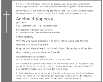 Traueranzeige von Adelheid Kopecky von Rheinische Post