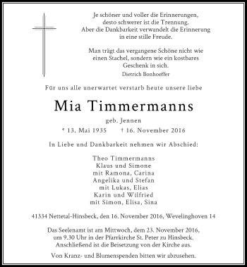Traueranzeige von Mia Timmermanns von Rheinische Post