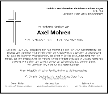 Traueranzeige von Axel Mohren von Rheinische Post