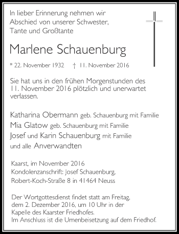 Traueranzeige von Marlene Schauenburg von Rheinische Post