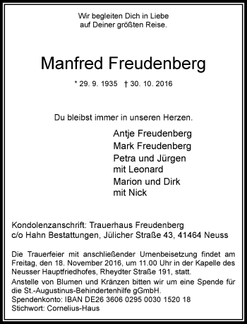 Traueranzeige von Manfred Freudenberg von Rheinische Post