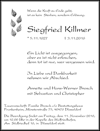 Traueranzeige von Siegfried Killmer von Rheinische Post