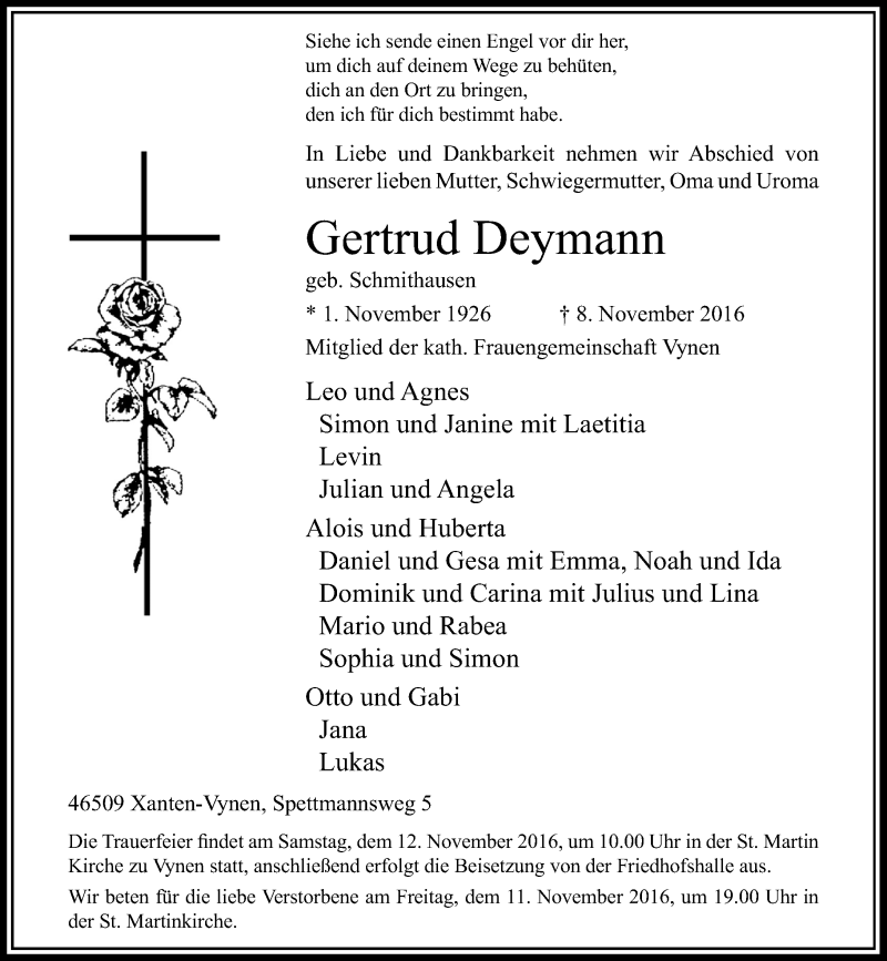  Traueranzeige für Gertrud Deymann vom 10.11.2016 aus Rheinische Post