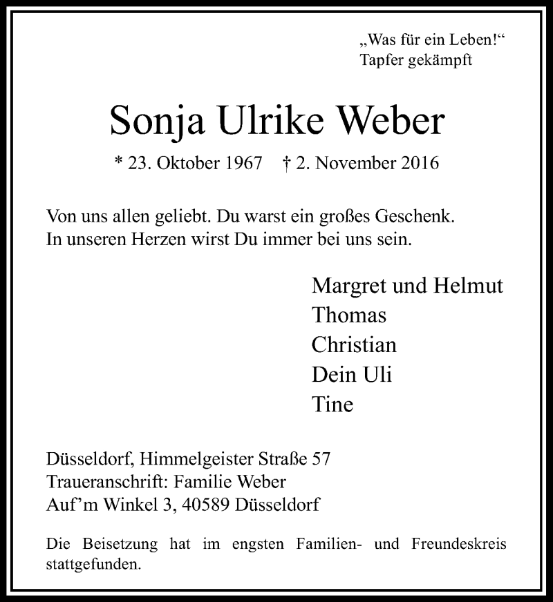  Traueranzeige für Sonja Ulrike Weber vom 12.11.2016 aus Rheinische Post