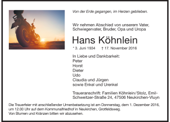 Traueranzeige von Hans Köhnlein von Rheinische Post