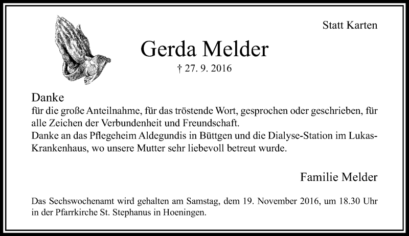  Traueranzeige für Gerda Melder vom 12.11.2016 aus Rheinische Post