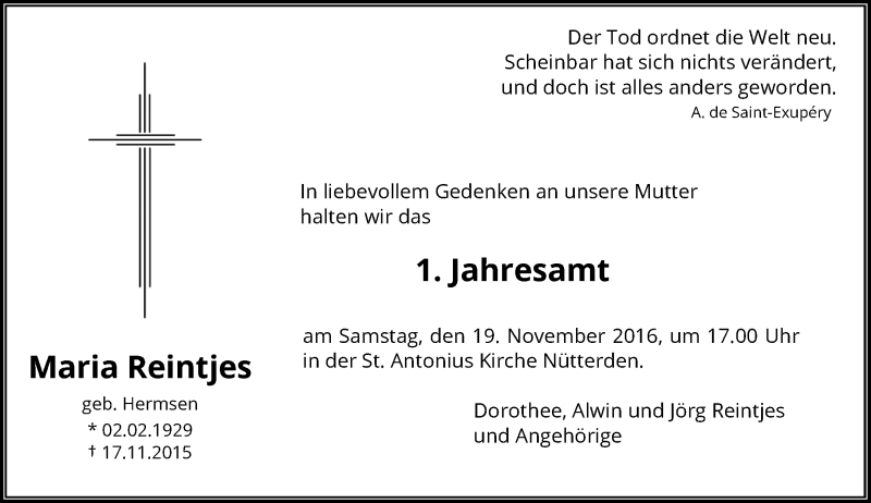  Traueranzeige für Maria Reintjes vom 12.11.2016 aus Rheinische Post