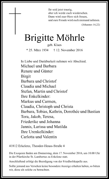 Traueranzeige von Brigitte Möhrle von Rheinische Post