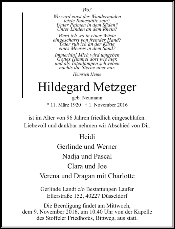 Traueranzeige von Hildegard Metzger von Rheinische Post