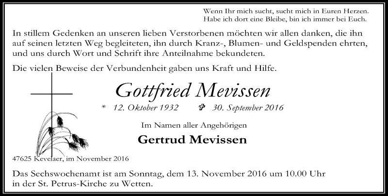  Traueranzeige für Gottfried Mevissen vom 12.11.2016 aus Rheinische Post