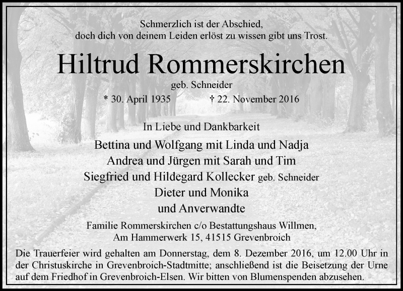  Traueranzeige für Hiltrud Rommerskirchen vom 03.12.2016 aus Rheinische Post