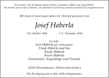 Traueranzeige von Josef Haberla von Rheinische Post