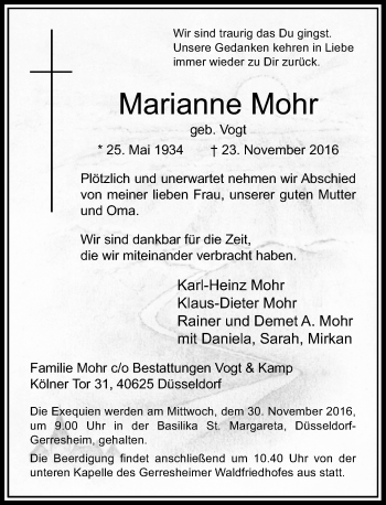 Traueranzeige von Marianne Mohr von Rheinische Post
