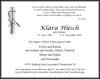 Traueranzeige von Klara Hüsch von Rheinische Post