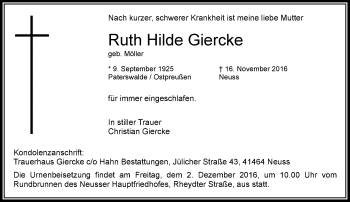 Traueranzeige von Ruth Hilde Giercke von Rheinische Post