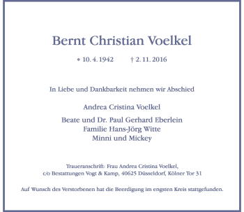 Traueranzeige von Bernt Christian Voelkel von Rheinische Post