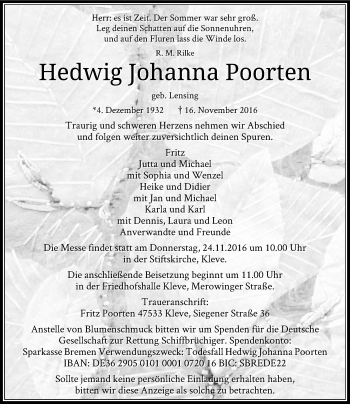Traueranzeige von Hedwig Johanna Poorten von Rheinische Post