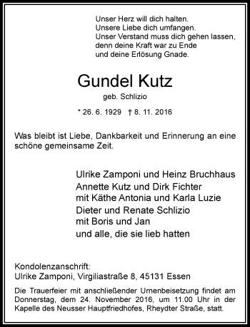 Traueranzeige von Gundel Kutz von Rheinische Post