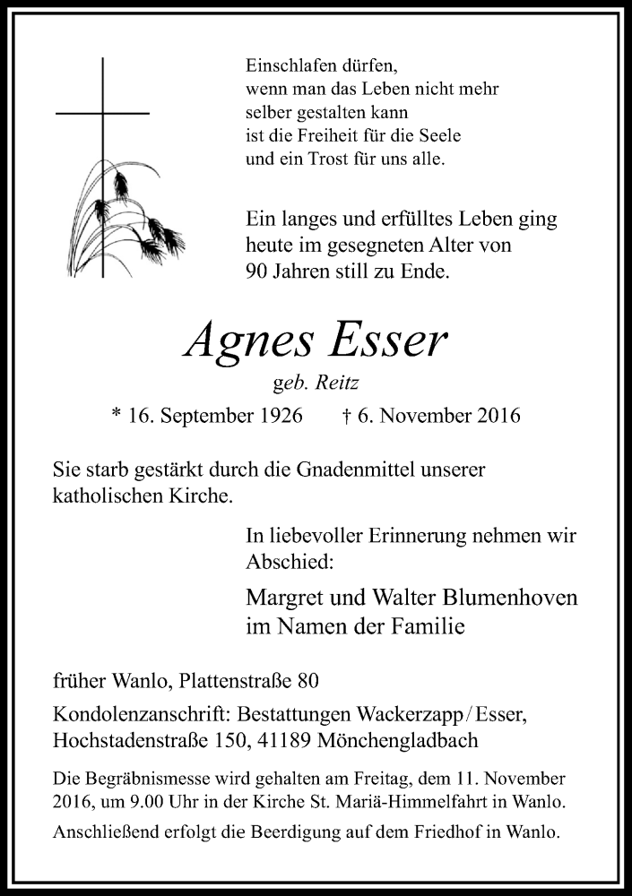 Alle Traueranzeigen für Agnes Esser | trauer.rp-online.de