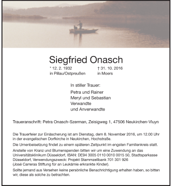 Traueranzeige von Siegfried Onasch von Rheinische Post