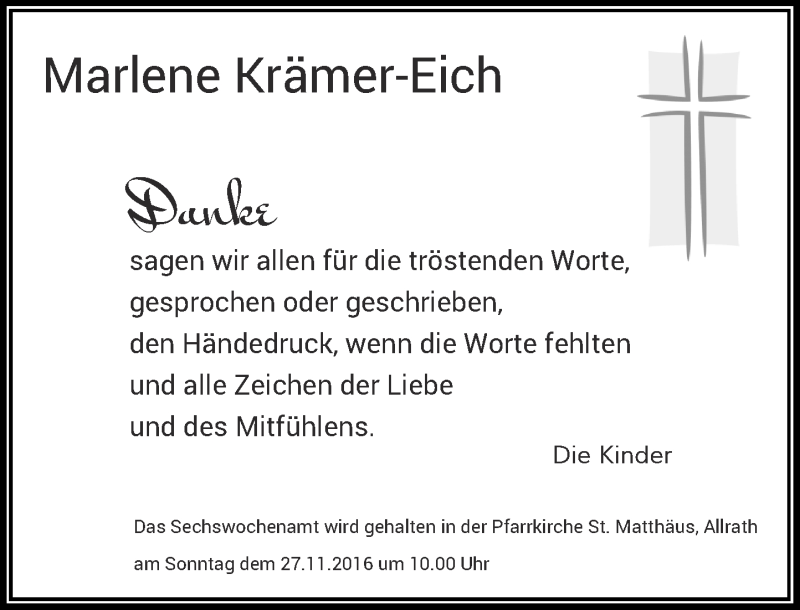  Traueranzeige für Marlene Krämer-Eich vom 19.11.2016 aus Rheinische Post