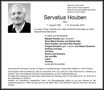 Traueranzeige von Servatius Houben von Rheinische Post