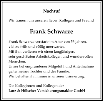 Traueranzeige von Frank Schwarze von Rheinische Post